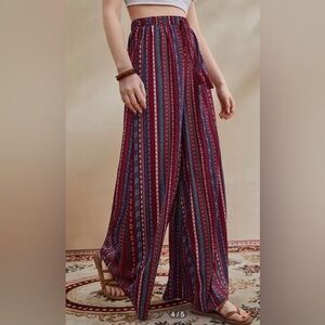 SHEIN Tall Boho Mixed Stripe Maroon Tassel Knot Waist Wide Leg Pant